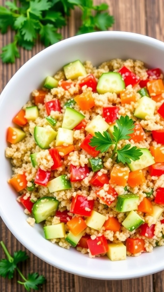 A colorful quinoa salad with cucumbers, bell peppers, and carrots in a bowl, garnished with parsley on a wooden table.